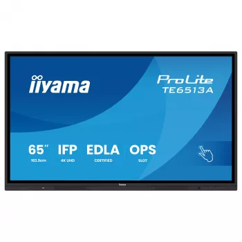 IIYAMA ProLite TE6513A-B3AG 65 inch 4K UHD IPS LED interaktív érintőkijelző IR-touch-csal, 20 pontos érintéssel, Android, 400 cd/m², 8 ms, HDMI, DisplayPort, USB-C, VGA, LAN, Wi-Fi, Bluetooth, VESA 600x400, fekete