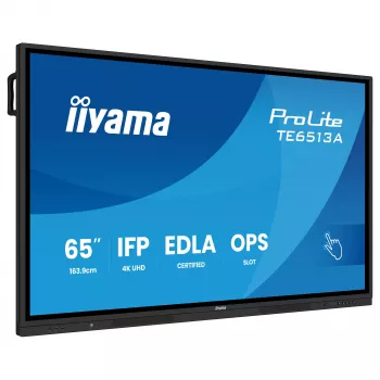 IIYAMA ProLite TE6513A-B3AG 65 inch 4K UHD IPS LED interaktív érintőkijelző IR-touch-csal, 20 pontos érintéssel, Android, 400 cd/m², 8 ms, HDMI, DisplayPort, USB-C, VGA, LAN, Wi-Fi, Bluetooth, VESA 600x400, fekete