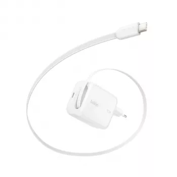 Belkin BOOST CHARGE Pro 67W Dual GaN fali töltő visszahúzható USB-C kábellel, fehér