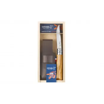 OPINEL No. 08 olívafa zsebkés bőrtokkal ajándékdobozban