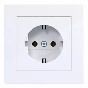 Hager WAS1120WG SCHUKO dugalj billenőfedéllel, A.1 design vonal, fényfehér fényes, IP44, 16A, 250V, csavarmentes kapcsok