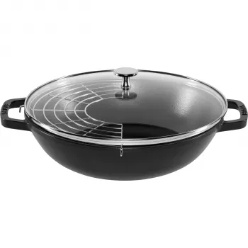 STAUB wok 30 cm fedéllel fekete, öntöttvas