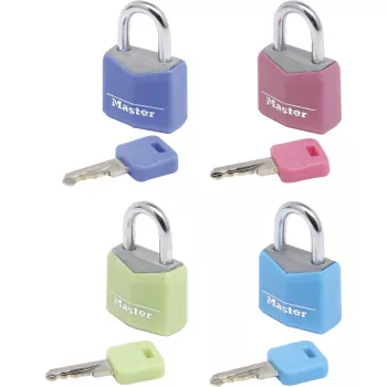Master Lock 9120EURQCOLNOP 20 mm-es tömör alumínium kulcsos lakat, 4 darabos csomag, vegyes színek: kék, zöld, rózsaszín, lila