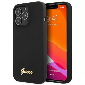 Guess GUHCP13XLSLMGBK iPhone 13 Pro Max 6.7 inch Black Silicone Hard Case with Script Gold Logo