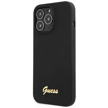 Guess GUHCP13XLSLMGBK iPhone 13 Pro Max 6.7 inch Black Silicone Hard Case with Script Gold Logo