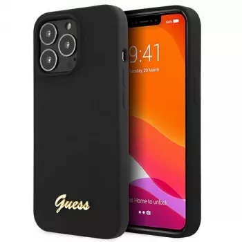Guess GUHMP13XLSLMGBK Silicone Hard Case for Apple iPhone 13 Pro Max 6.7 inch Black with Gold Script Logo MagSafe