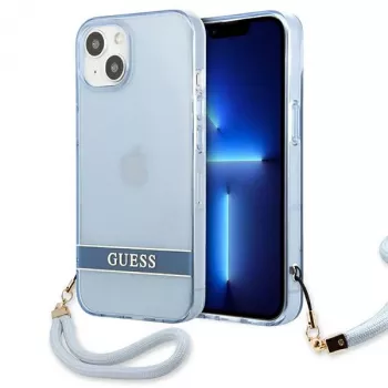 Guess GUHCP13SHTSGSB iPhone 13 mini 5,4 inch kék áttetsző kemény tok hordozószíjjal