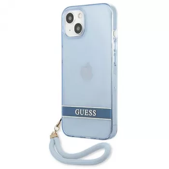 Guess GUHCP13SHTSGSB iPhone 13 mini 5,4 inch kék áttetsző kemény tok hordozószíjjal