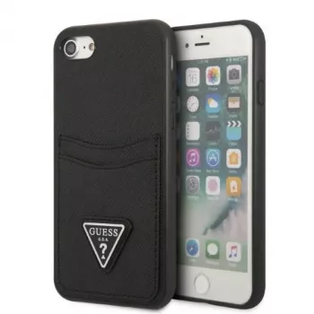 Guess GUHCI8PSATPK kemény tok iPhone 7/8/SE 2020/SE 2022 - fekete Saffiano háromszög logóval és kártyatartóval