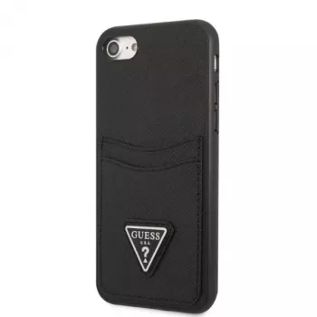 Guess GUHCI8PSATPK kemény tok iPhone 7/8/SE 2020/SE 2022 - fekete Saffiano háromszög logóval és kártyatartóval