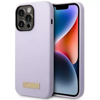 Guess GUHMP14LSBPLU szilikon kemény tok logólemezzel Apple iPhone 14 Pro 6,1 inch - lila, MagSafe-kompatibilis