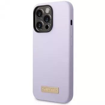 Guess GUHMP14LSBPLU szilikon kemény tok logólemezzel Apple iPhone 14 Pro 6,1 inch - lila, MagSafe-kompatibilis