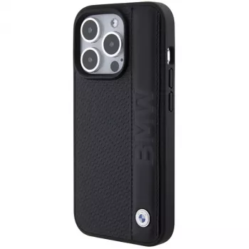 BMW BMHCP15L22RDPK iPhone 15 Pro 6,1 inch Hardcase bőr textúra és csíkok fekete