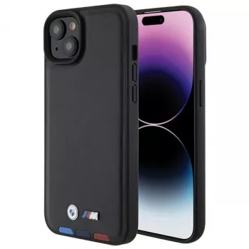 BMW M Collection Leather Stamp hátlap iPhone 15 Plus / 14 Plus 6,7 inch - fekete tricolor