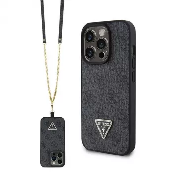 GUESS PU 4G Strass Triangle Metal Case + Strap for iPhone 15 Pro Black