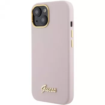 Guess GUHCP15SSMBSLP Silicone Script Metal Logo & Frame Hard Case for Apple iPhone 15 / 14 / 13 6.1 inch - Pink