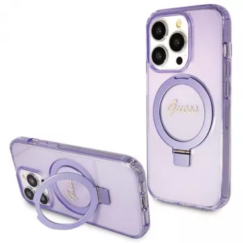Guess GUHMP13LHRSGSU iPhone 13 Pro / 13 6,1 inch lila Hardcase Ring Stand Script Glitter MagSafe
