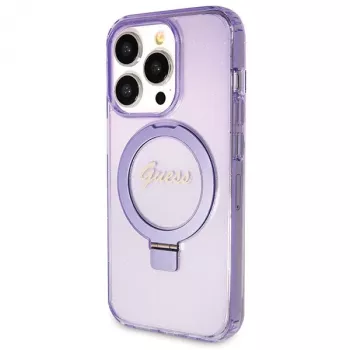 Guess GUHMP14XHRSGSU iPhone 14 Pro Max 6,7 inch lila kemény tok gyűrűs tartóval Script Glitter MagSafe