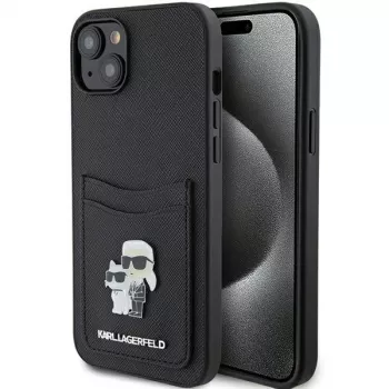 Karl Lagerfeld KLHCP15SSAPKCNPK iPhone 15 / 14 / 13 6,1 fekete kemény tok Saffiano kártyatartó Karl & Choupette fémtű