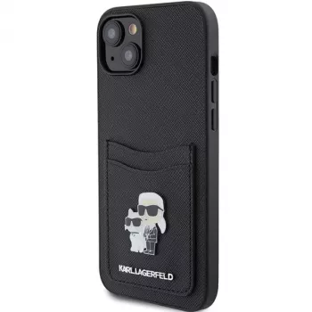 Karl Lagerfeld KLHCP15SSAPKCNPK iPhone 15 / 14 / 13 6,1 fekete kemény tok Saffiano kártyatartó Karl & Choupette fémtű