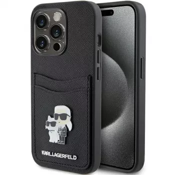 Karl Lagerfeld KLHCP15LSAPKCNPK iPhone 15 Pro 6,1 fekete kemény tok Saffiano kártyatartó Karl & Choupette fémtű