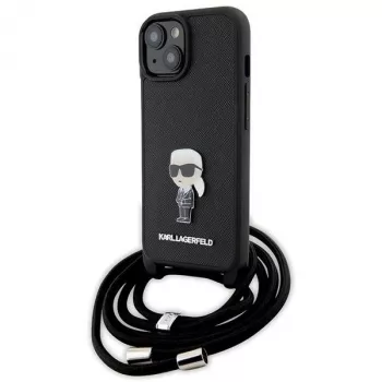 Karl Lagerfeld KLHCP15SSASKNPSK iPhone 15/14/13 6,1 inch kemény tok fekete Crossbody Saffiano Monogram fémtű Karl & Choupette
