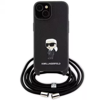 Karl Lagerfeld KLHCP15SSASKNPSK iPhone 15/14/13 6,1 inch kemény tok fekete Crossbody Saffiano Monogram fémtű Karl & Choupette