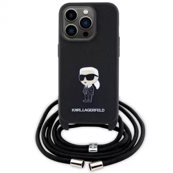 Karl Lagerfeld KLHCP15LSASKNPSK iPhone 15 Pro 6,1 kemény tok fekete Crossbody Saffiano Monogram fémtű Karl & Choupette