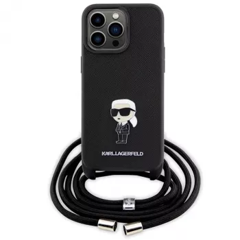Karl Lagerfeld KLHCP15XSASKNPSK kemény tok iPhone 15 Pro Max 6,7 inch fekete Crossbody Saffiano Monogram fémtű Karl & Choupette