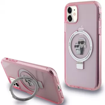 Karl Lagerfeld KLHMN61HMRSKCP iPhone 11 / XR 6,1 rózsaszín kemény tok gyűrűs tartóval Karl & Choupette MagSafe