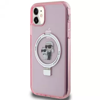 Karl Lagerfeld KLHMN61HMRSKCP iPhone 11 / XR 6,1 rózsaszín kemény tok gyűrűs tartóval Karl & Choupette MagSafe