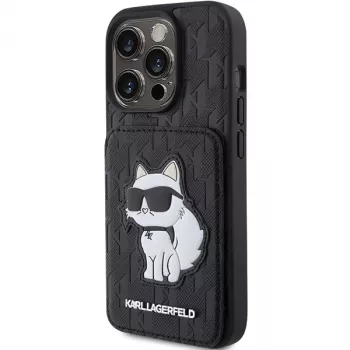 Karl Lagerfeld KLHCP15LSAKCNSCK iPhone 15 Pro 6,1 fekete kemény tok Saffiano kártyarekeszek és állvány Monogram Choupette
