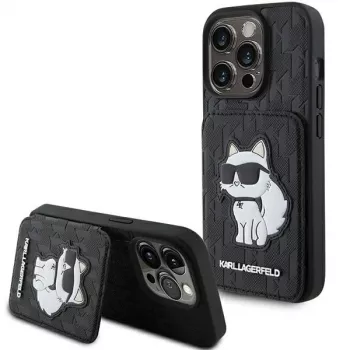 Karl Lagerfeld KLHCP15XSAKCNSCK iPhone 15 Pro Max 6,7 fekete kemény tok Saffiano kártyarekeszek és állvány Monogram Choupette