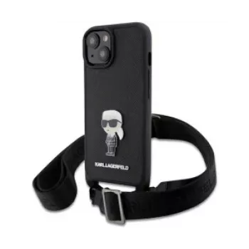 Karl Lagerfeld Saffiano tok Metal Ikonik iPhone 15-höz fekete