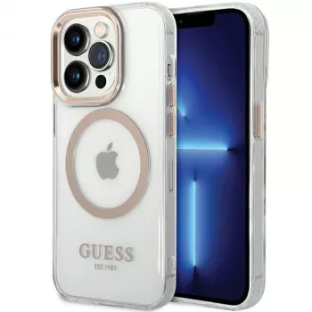 Guess GUHMP15XHTRMD Metal Outline Hard Case for Apple iPhone 15 Pro Max, Gold, MagSafe Compatible