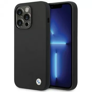 BMW BMHCP15XSILBK szilikon tok iPhone 15 Pro Max 6,7 inch készülékhez, fekete, fémes logóval