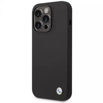 BMW BMHCP15XSILBK szilikon tok iPhone 15 Pro Max 6,7 inch készülékhez, fekete, fémes logóval