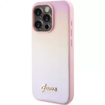 Guess Saffiano Iridescent Script merev tok Apple iPhone 15 Pro 6,1 inch készülékhez - rózsaszín
