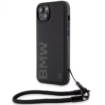 BMW Signature Leather Wordmark Cord merev tok iPhone 15 Plus / 14 Plus 6,7 inch készülékhez - fekete
