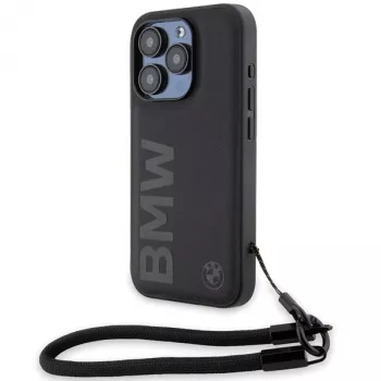 BMW Signature Leather merev tok iPhone 15 Pro Max 6,7 inch készülékhez, fekete, zsinórral