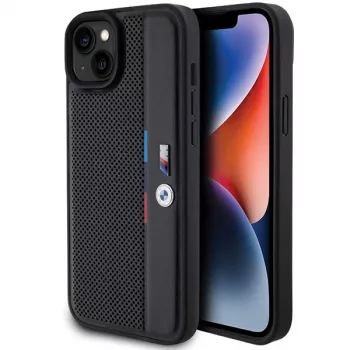 BMW M Collection keménytok iPhone 15 Plus / 14 Plus 6,7 inch fekete perforált Tricolor Line