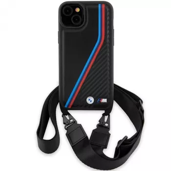 BMW BMHCP15S23PSVTK iPhone 15 / 14 / 13 fekete keménytok M Edition Carbon Tricolor Lines & Strap
