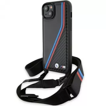 BMW M Edition Carbon Tricolor Lines keménytok iPhone 15 Plus / 14 Plus 6,7 inch fekete hordozószíjjal