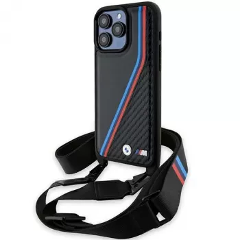 BMW M Edition Carbon Tricolor Lines keménytok Apple iPhone 15 Pro 6,1 inch fekete hordozószíjjal