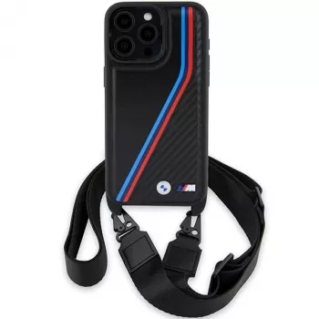 BMW M Edition Carbon Tricolor Lines keménytok kézszíjjal Apple iPhone 15 Pro Max 6,7 inch fekete
