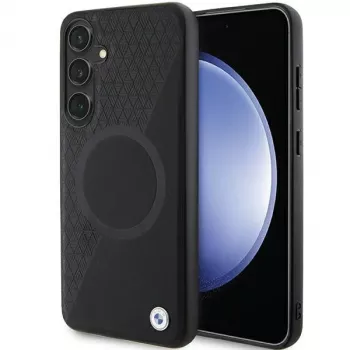 BMW Signature bőr merev tok Samsung Galaxy S24+ készülékhez - félig texturált és kör MagSafe - fekete