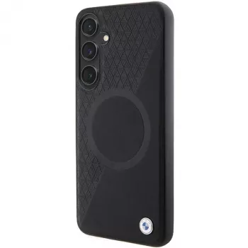BMW Signature bőr merev tok Samsung Galaxy S24+ készülékhez - félig texturált és kör MagSafe - fekete