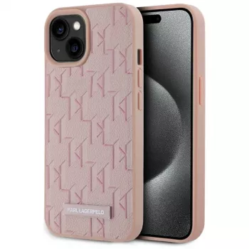 Karl Lagerfeld bőr monogram fém logó MagSafe tok iPhone 15 készülékhez rózsaszín