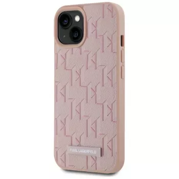 Karl Lagerfeld bőr monogram fém logó MagSafe tok iPhone 15 készülékhez rózsaszín