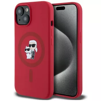 KARL LAGERFELD szilikon tok iPhone 15 készülékhez MagSafe-del és gyűrűs tartóval - Karl & Choupette Heads - piros